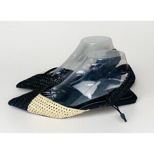 ZARA Woven Rafia Pointed Toe Black Tan Slingback Flat‎ Sandal Women US 7.5 NEW